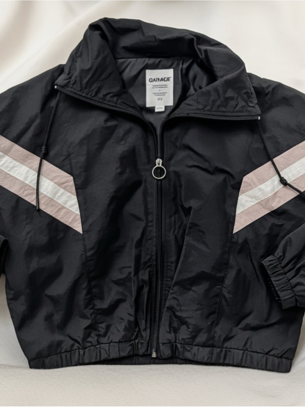 Garage Women’s Black Windbreaker Jacket with Beige & White Stripes